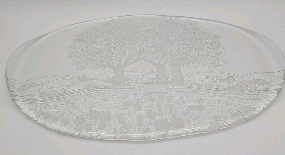 Kosta Boda Vtg Crystal Art Glass Plate Tray Platter Forest Holiday Gift BIG